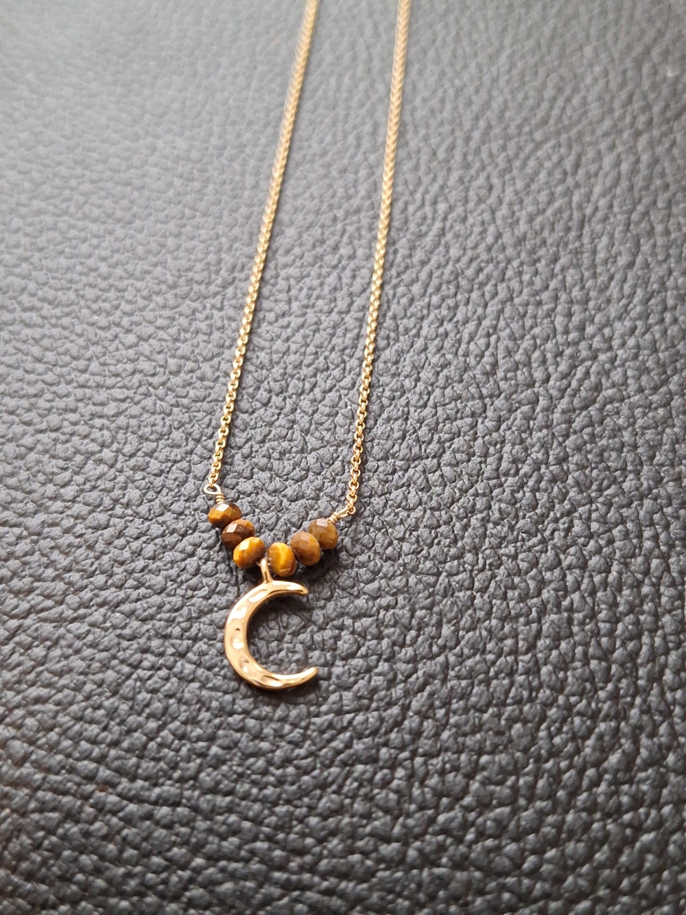 Dainty Gold Plated Crescent Moon Necklace Tiger Eye 16" Genuine Citrine Clasp
